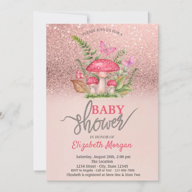 Convites Borboletas de Cogumelo Rose Gold Glitter Chã de Be (Frente)