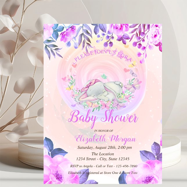 Convites Borboletas de Elefante Bebê Fofo Floral (Criador carregado)