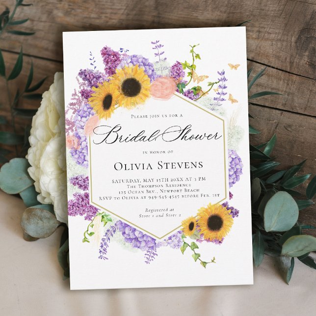 Convites Borboletas de Girassol Chuva de Lilás Hexágono Chá (rustic bridal shower invitation sunflower lilac butterflies boho romantic elegant hexagon)