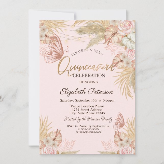 Convites Borboletas de Grama das Pampas Quinceañera  (Frente)