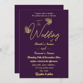 Convites Borboletas de ouro elegantes românticas roxas