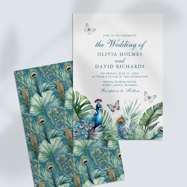 Convites Borboletas de Penas de Pavão Tropical para Casamen (Tropical Peacock Feathers Butterflies Wedding Invitation on a white table.)