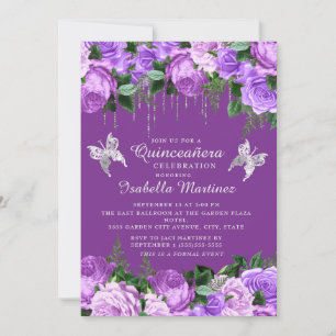 Convites Borboletas de Prata Floral Roxo Escuro Quinceañer