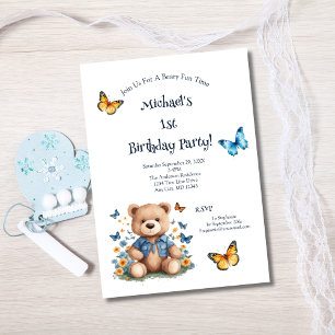 Convites Borboletas de Urso de Pelúcia Aniversário de 1 ano