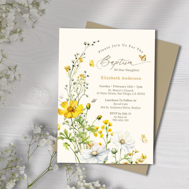 Convites Borboletas do Jardim Botânico de Flores Selvagens  (Botanical Wildflower Garden Butterflies Baptism Invitation)