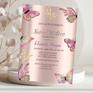 Convites Borboletas Douradas Aquarela Rosa Dourada Sweet 16