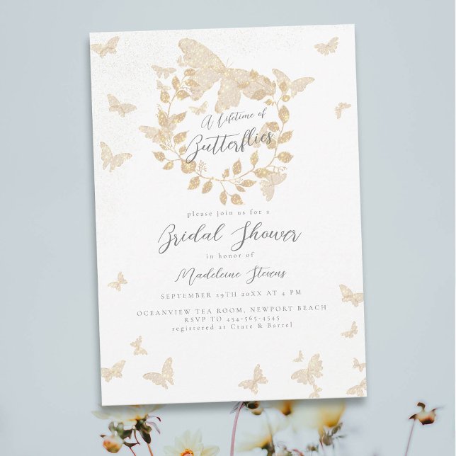 Convites Borboletas Douradas de Lifetime Chá de panela Euca (lifetime of butterflies bridal shower theme invitation gold eucalyptus greenery wreath gold garden)