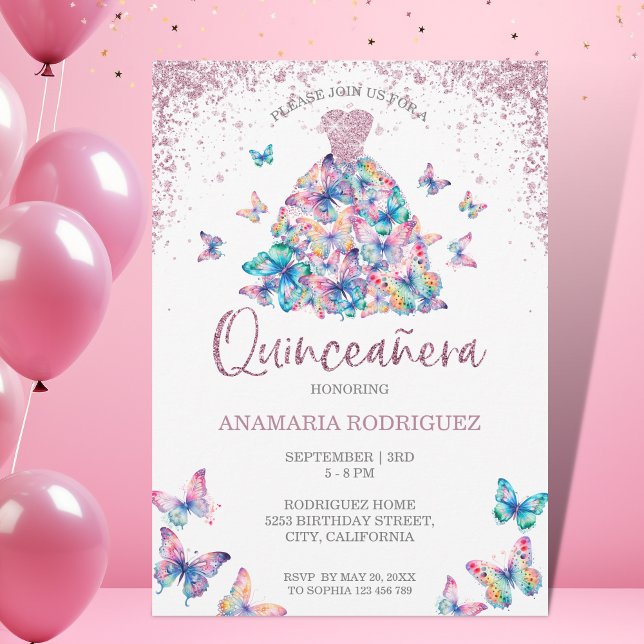 Convites Borboletas Douradas de rosa, Gown Quinceanera (Criador carregado)