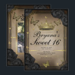 Convites Borboletas Douradas de Tiara Rosas pretos Sweet 16<br><div class="desc">Personalize como quiser. Substitua a foto no verso por sua própria foto ou remova a foto juntos.</div>