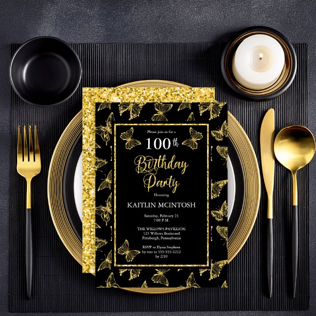 Convites Borboletas Douradas Elegantes Pretas 100 Festas de (Elegant Black and Faux Gold Glitter Butterflies 100th Birthday Party Invitation - Print | Digital)