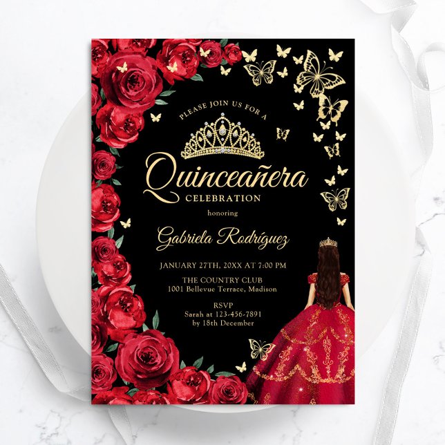 Convites Borboletas Douradas pretas Quinceanera (Criador carregado)