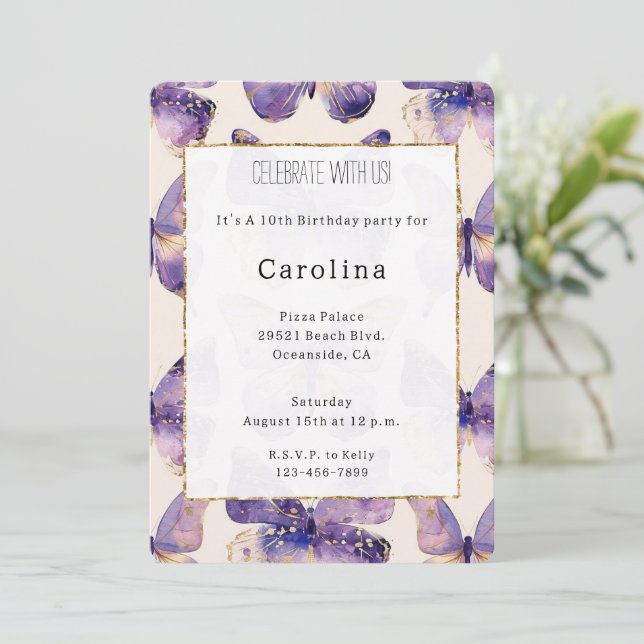 Convites Borboletas Douradas roxas Aniversário (Em pé/Frente)