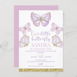 Convites Borboletas Douradas Roxas primeiro aniversario das