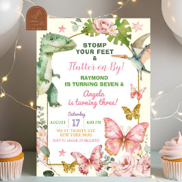 Convites Borboletas e dinossauros Aniversário Conjunta Irmã