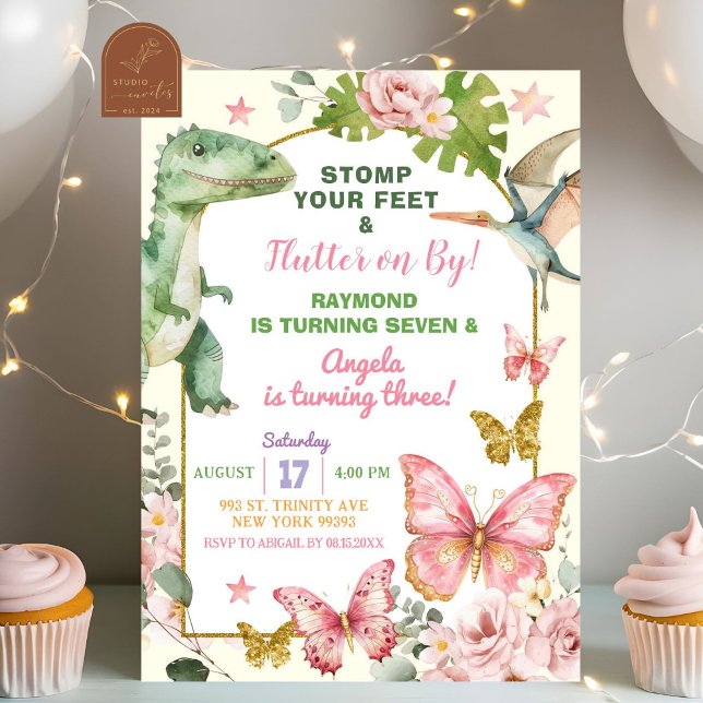 Convites Borboletas e dinossauros Aniversário Conjunta Irmã (Criador carregado)