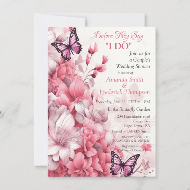 Convites Borboletas e flores em diferentes tons de pinks (Frente)