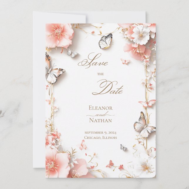 Convites Borboletas e flores Salve a data (Frente)