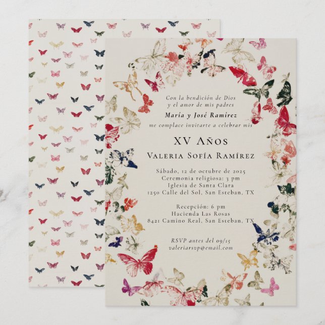 Convites Borboletas Elegante Quinceañera 15 Birthday (Frente/Verso)
