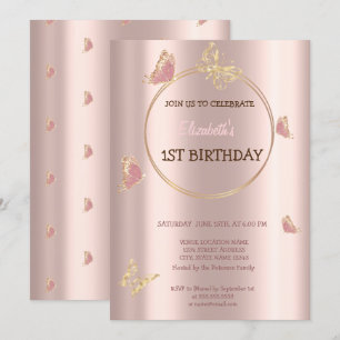 Convites Borboletas Elegantes Rosa Dourado Aniversário