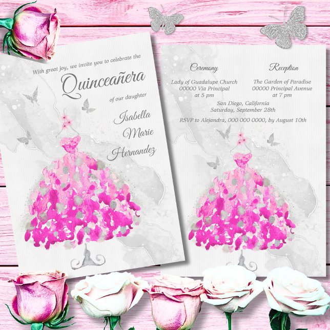 Convites Borboletas Elegantes, Rosa e Prata Quinceañera (Criador carregado)