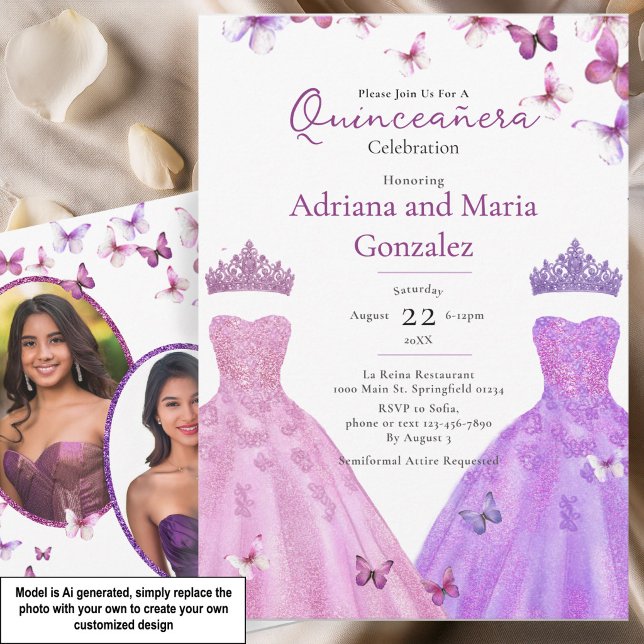 Convites Borboletas Elegantes Vestem Gêmeas Quinceanera (Criador carregado)