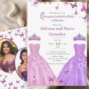 Convites Borboletas Elegantes Vestem Gêmeas Quinceanera