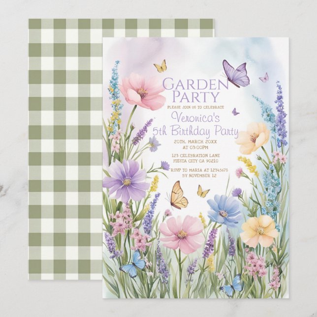 Convites Borboletas Festa de Jardim de Flores Selvagens Ani (Frente/Verso)