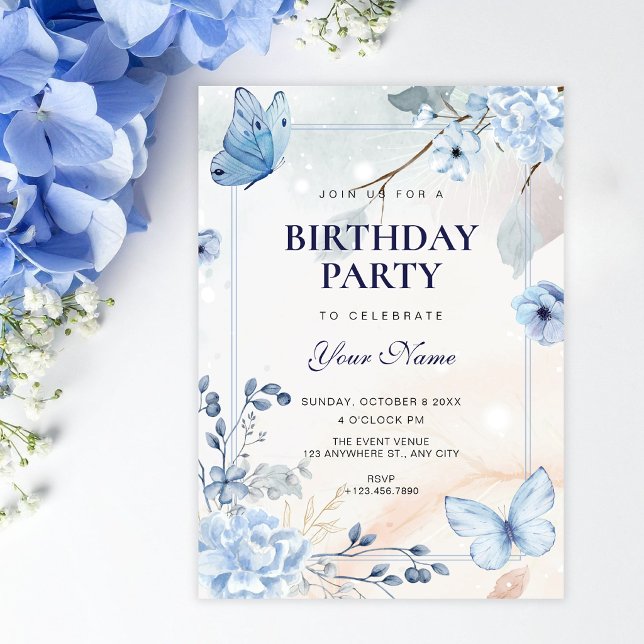 Convites Borboletas florais azuis de aniversário (Criador carregado)