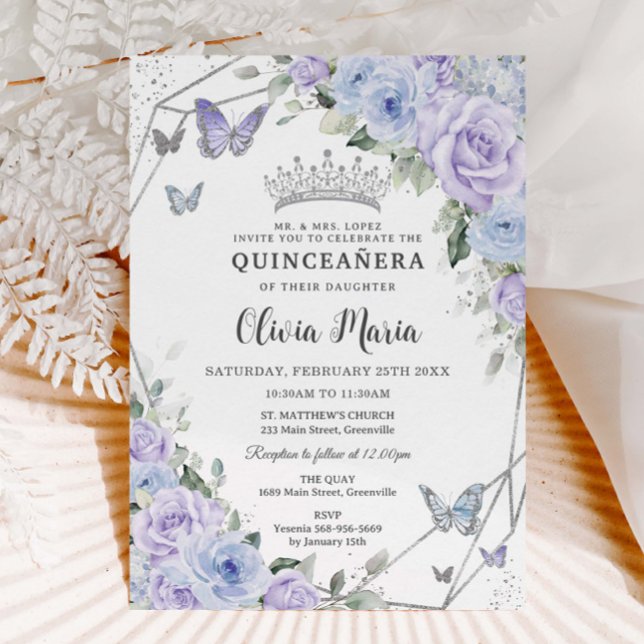 Convites Borboletas Florais Azuis Roxas Quinceañera (Criador carregado)