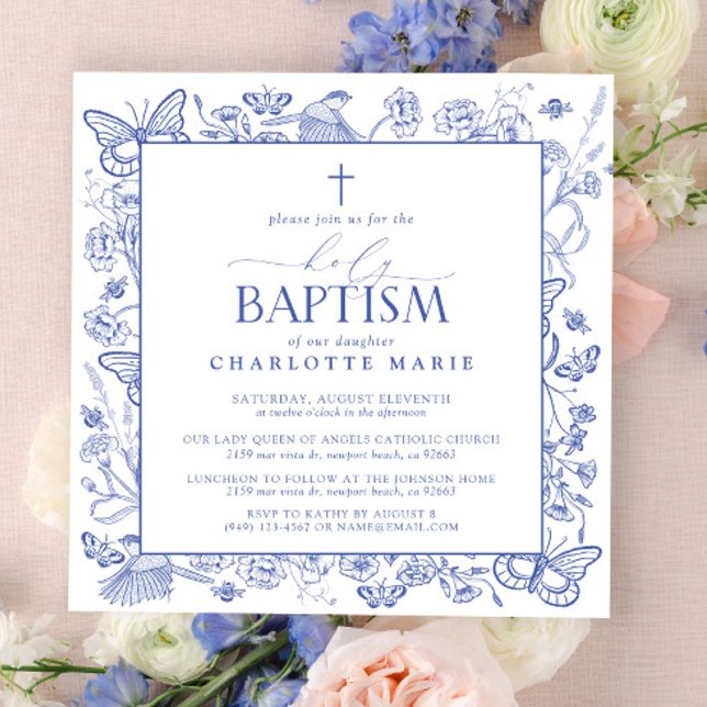 Convites Borboletas Florais da Cruz Azul e Branca (Holy Baptism Invitation)