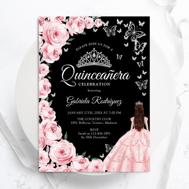 Convites Borboletas Florais de Prata Rosa Negra Quinceanera (Criador carregado)