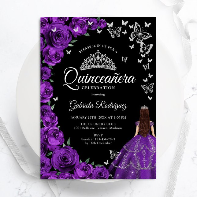 Convites Borboletas Florais de Prata Roxa Quinceanera (Criador carregado)
