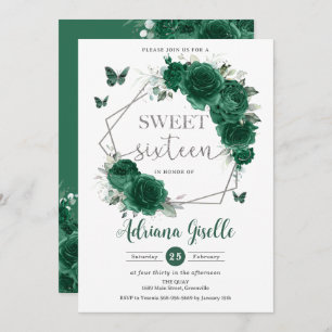 Convites Borboletas Florais Emerald Green Doce 16 Aniversár