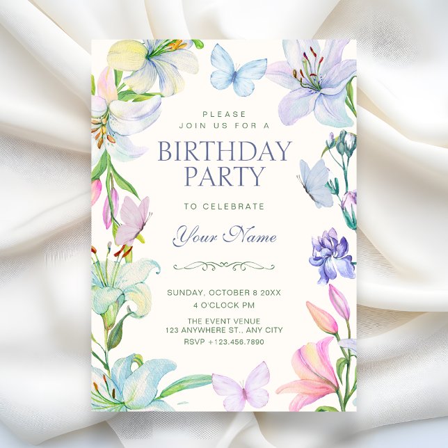 Convites Borboletas florais estéticas de aniversário (Criador carregado)