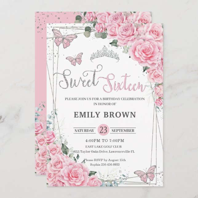 Convites Borboletas Florais Rosa Doce Dezesseis Dezesseis e (Frente/Verso)