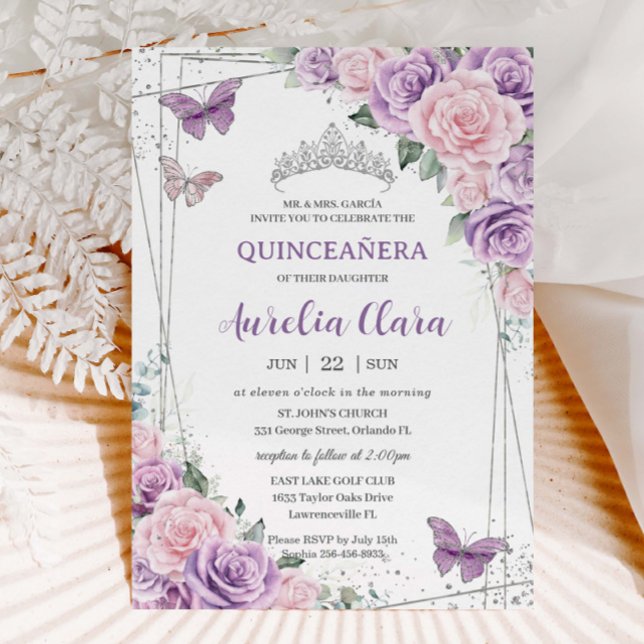 Convites Borboletas Florais Rosa-Puro Quinceañera (lavender-purple-lilac-pale-pink-flowers-floral-roses-silver-geometric-quinceanera-sweet-16-invites)