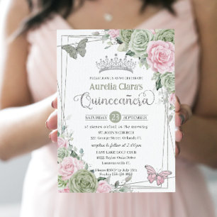 Convites Borboletas Florais Rosa Sage Silver Quinceanera