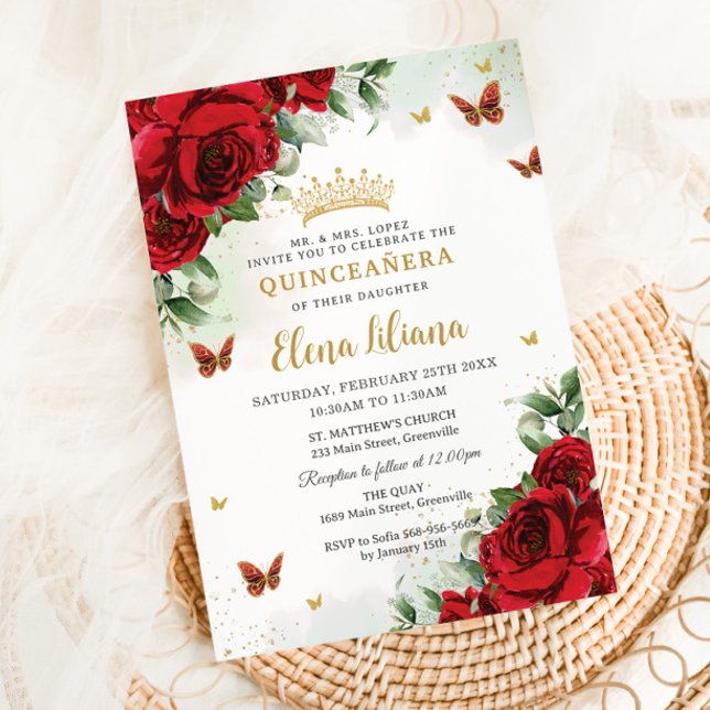 Convites Borboletas Florais Rosa vermelha Quinceañera Sweet (bright-red-roses-flowers-gold-butterflies-princess-crown-quinceanera-sweet-16-birthday-invites)