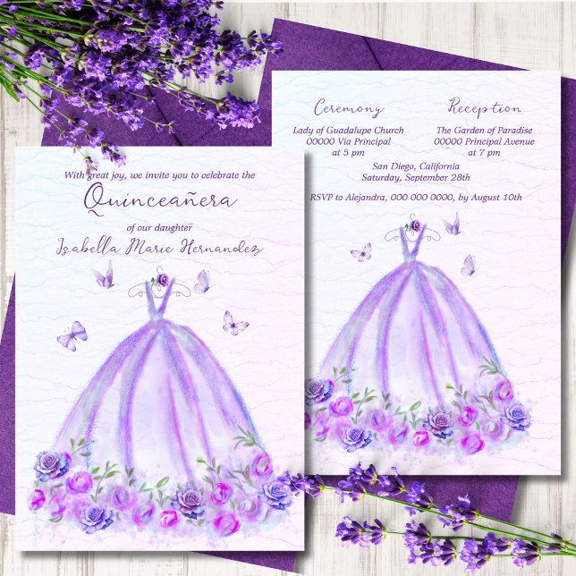 Convites Borboletas Florais Roxas Elegantes Quinceañera (Criador carregado)