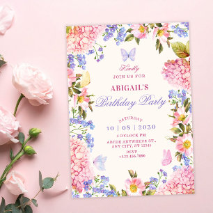 Convites Borboletas florais roxas rosa de aniversário