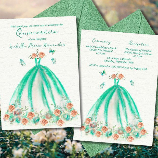 Convites Borboletas Florais Verdes Elegantes Quinceañera (Criador carregado)