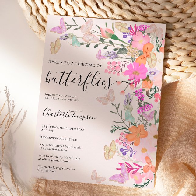 Convites Borboletas flores-chic primavera chá de panela (Butterflies chic wildflowers spring bridal shower invitation)