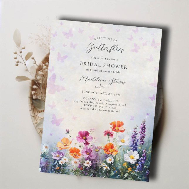 Convites Borboletas Flores Selvagens Chá de panela do Jardi (lifetime butterflies bridal shower invitation brunch tea pink purple mauve lilac wildflowers garden )