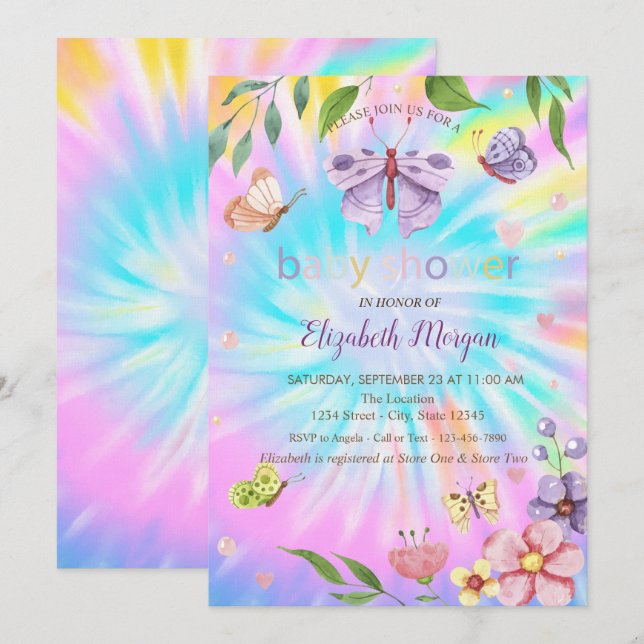 Convites  Borboletas Flores Tie Dye Chás de Bebê  (Frente/Verso)