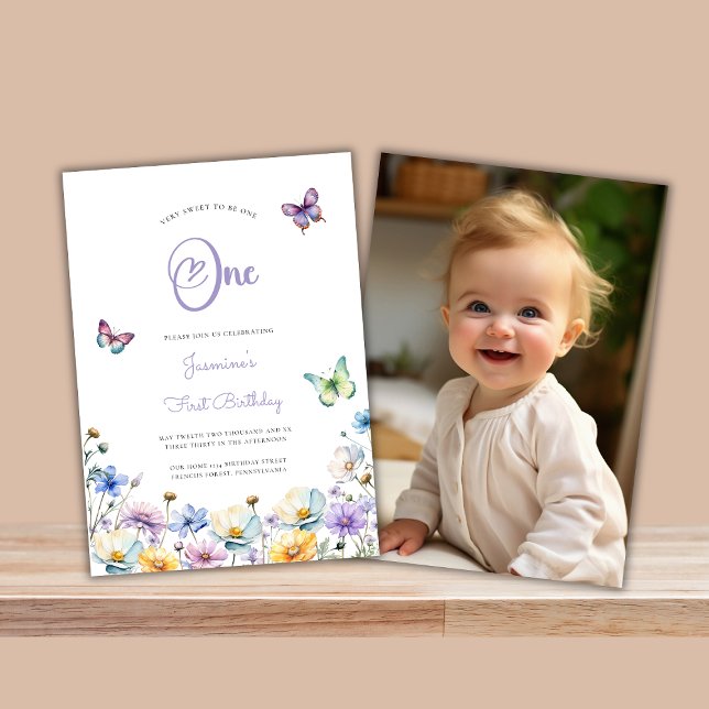 Convites borboletas giro primeiro aniversario (cute wildflower double sided fully editable first birthday card)