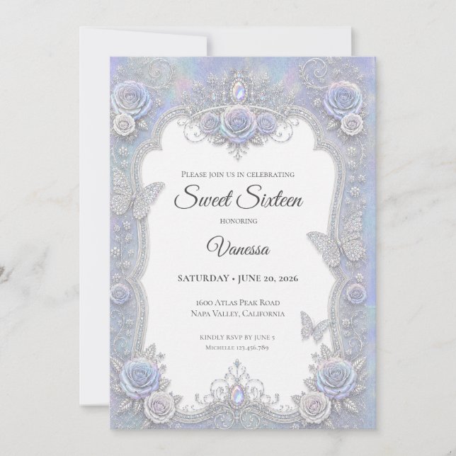 Convites Borboletas Iridescentes Elegantes Sweet 16 (Frente)