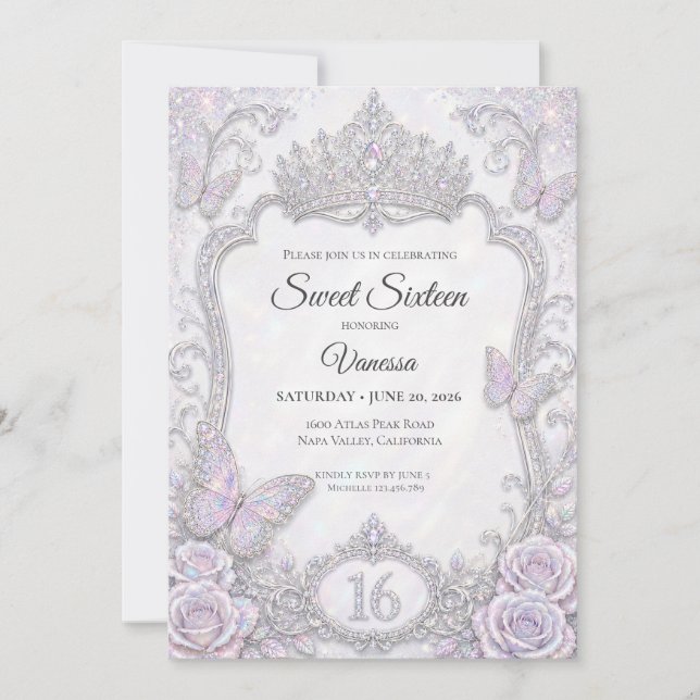 Convites Borboletas Iridescentes Elegantes Sweet 16 (Frente)