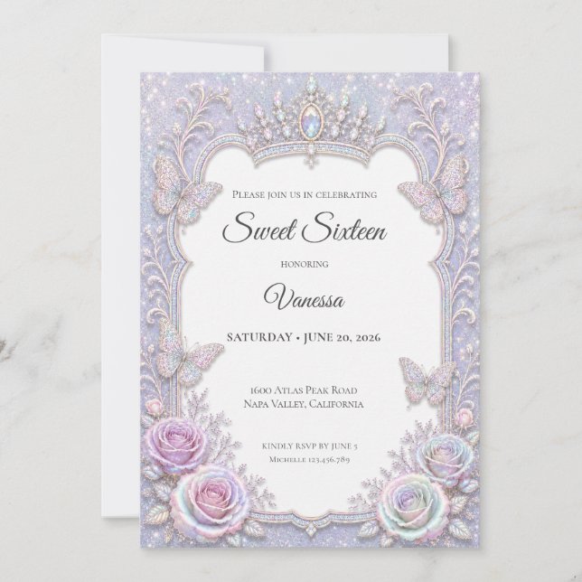 Convites Borboletas Iridescentes Elegantes Sweet 16 (Frente)