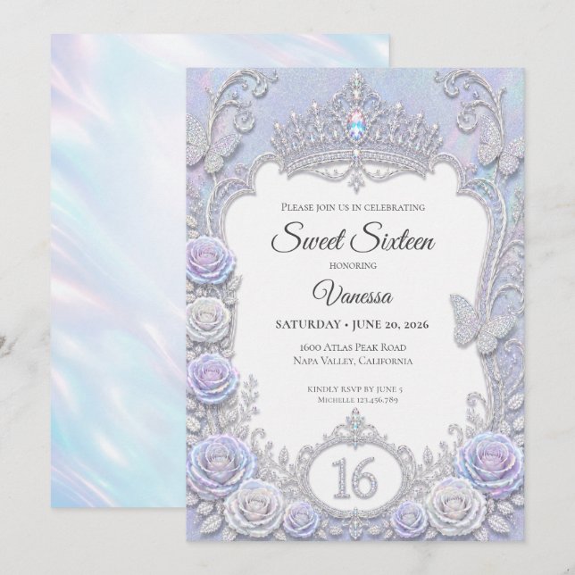 Convites Borboletas Iridescentes Elegantes Sweet 16 (Frente/Verso)