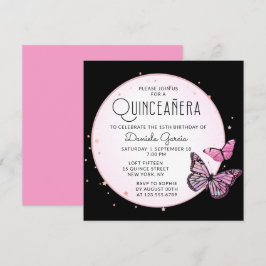 Convites Borboletas Negras cor-de-rosa Estrelas Quinceañera